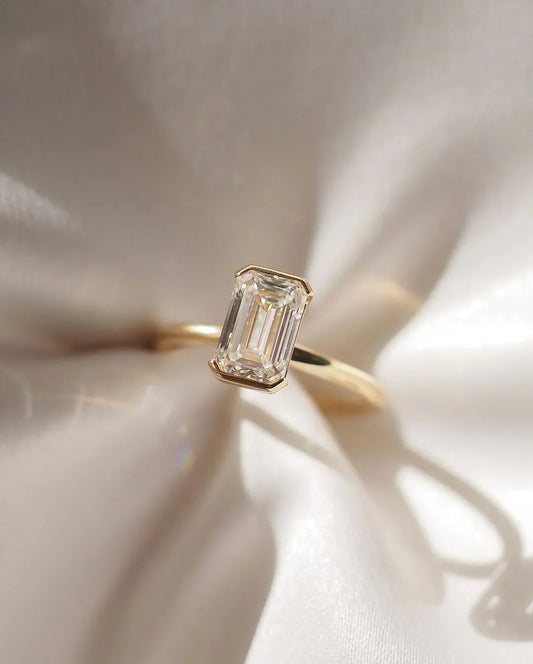 Emerald cut lab diamond engagement ring, 10ct solitaire half bezel setting, modern bridal jewelry, luxury wedding ring for women