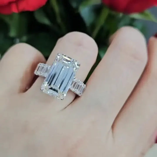 Emerald cut lab grown diamond ring, 11.40 TCW engagement ring, emerald side stones, IGI certified bridal jewelry for women