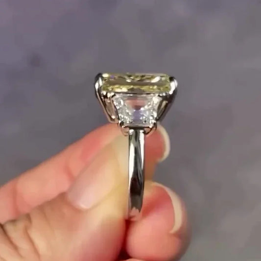 IGI certified fancy yellow radiant cut lab grown diamond ring, three stone engagement ring, trapezoid diamonds, bridal jewelry, statement ring