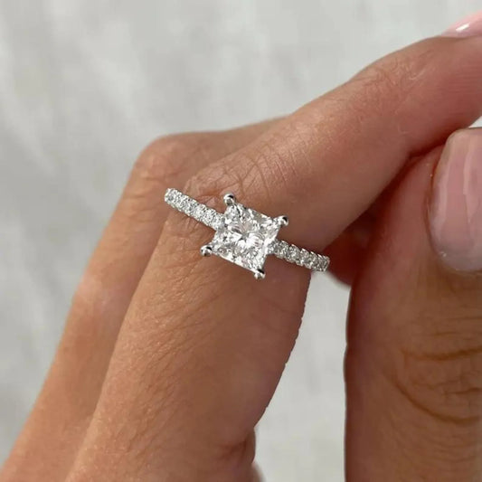 Princess lab grown diamond engagement ring 1.40 carat, hidden halo setting, pavΓ© diamond band, IGI certified, elegant wedding jewelry