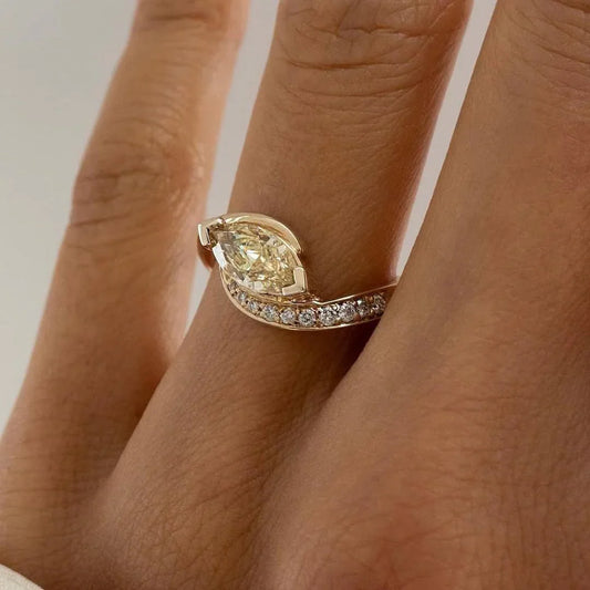 Fancy yellow marquise lab grown diamond engagement ring, 1.50TCW bypass pavΓ© setting, IGI certified wedding ring her