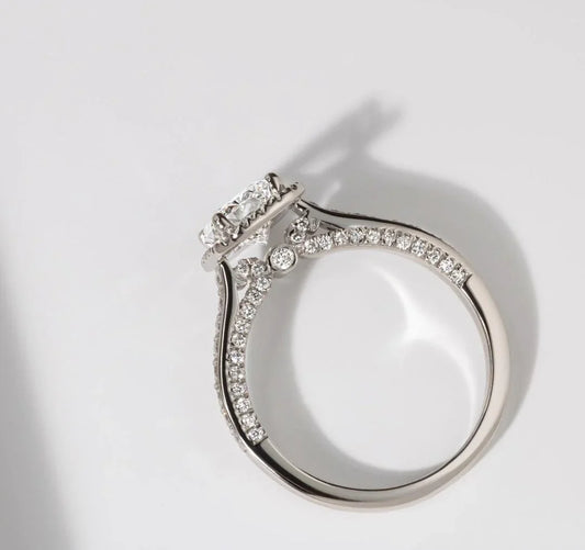 Radiant cut lab grown diamond ring, pavΓ© halo engagement ring, IGI certified bridal jewelry, luxury wedding ring for her women