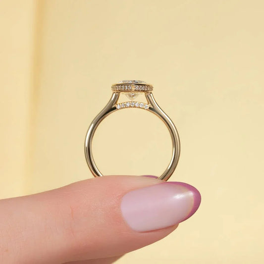 Pear cut 2.00 CT lab grown diamond ring, IGI certified engagement solitaire, bezel set hidden halo design, ethical luxury bridal wedding jewelry