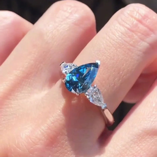 IGI certified fancy blue pear cut lab created diamond ring, 2.30TCW pavΓ© three stone engagement ring, elegant bridal jewelry