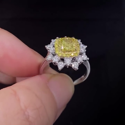 2.30 TCW Fancy Yellow Cushion Lab Grown Diamond Engagement Ring | Double Halo Ring | IGI Certified
