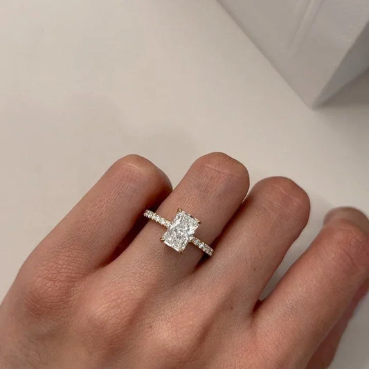 IGI certified radiant cut lab created diamond ring, 2.40TCW hidden halo yellow gold engagement ring, elegant bridal jewelry design