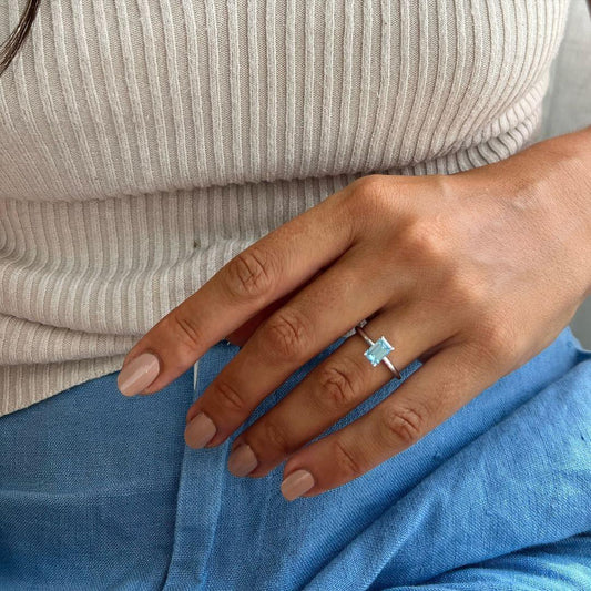 2.50ct emerald cut blue stone lab grown diamond engagement ring wedding ring luxury IGI inspired anniversary gift bridal fine jewelry elegant design