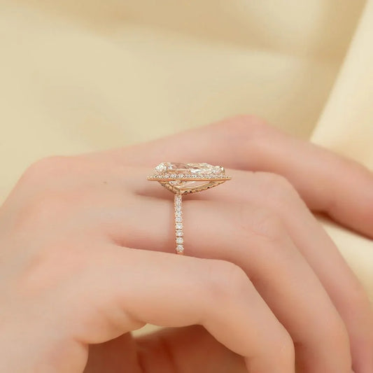 Pear shaped lab created diamond ring, hidden halo cluster engagement ring, pave band, IGI certified wedding jewelry for her