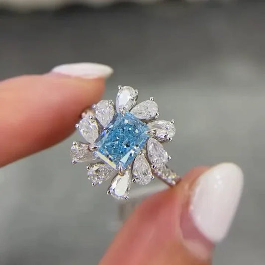 3.00 TCW IGI certified fancy blue radiant lab grown diamond ring, cluster engagement ring, bridal jewelry, luxury promise ring, wedding gift