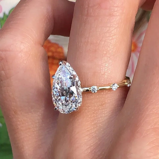 3.30 tcw pear cut lab grown diamond ring hidden halo solitaire engagement ring IGI certified wedding ring bridal jewelry luxury elegant design
