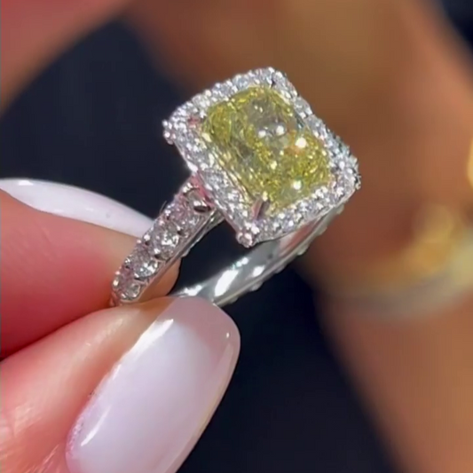 3.40 TCW Fancy Cushion Yellow Lab Grown Diamond Engagement Ring | Halo Design | IGI Certified