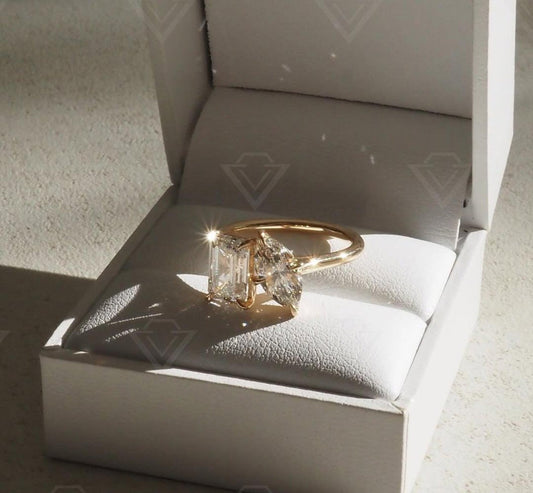 3.50 TCW Emerald and Marquise Lab Grown Diamond Engagement Ring | Toi Et Moi Ring | IGI Certified