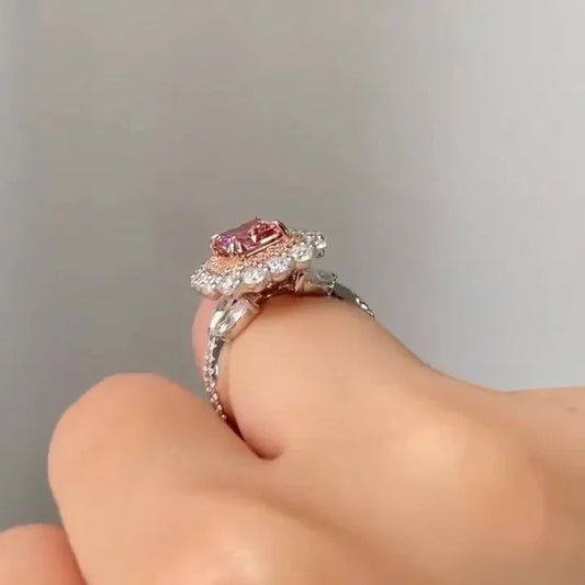 Luxury 3.50 TCW fancy pink radiant lab grown diamond engagement ring, IGI certified double halo design, bridal wedding luxury jewelry ring