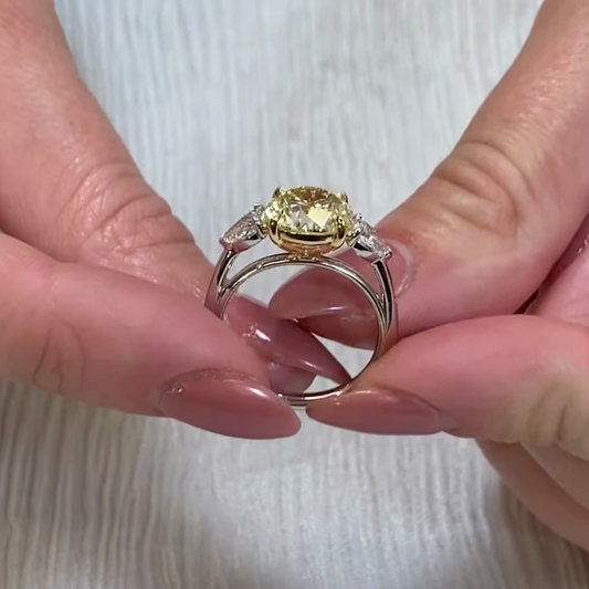 3.50 TCW Fancy Yellow Round Lab Grown Diamond Engagement Ring | Three Stone Ring | IGI Certified