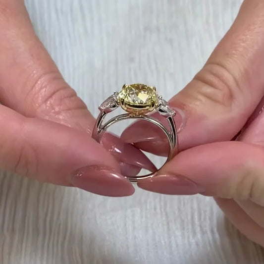 Luxury 3.50 TCW fancy yellow round lab grown diamond engagement ring, IGI certified, three stone setting, bridal wedding jewelry statement ring