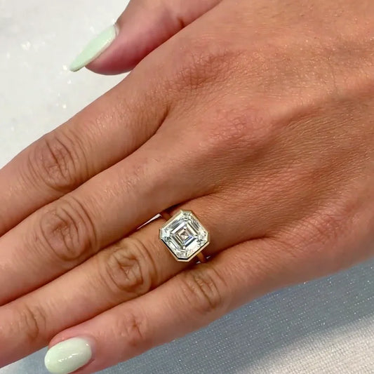 Asscher cut 4.00 carat lab grown diamond engagement ring bezel set IGI certified bridal wedding ring luxury solitaire anniversary gift sustainable