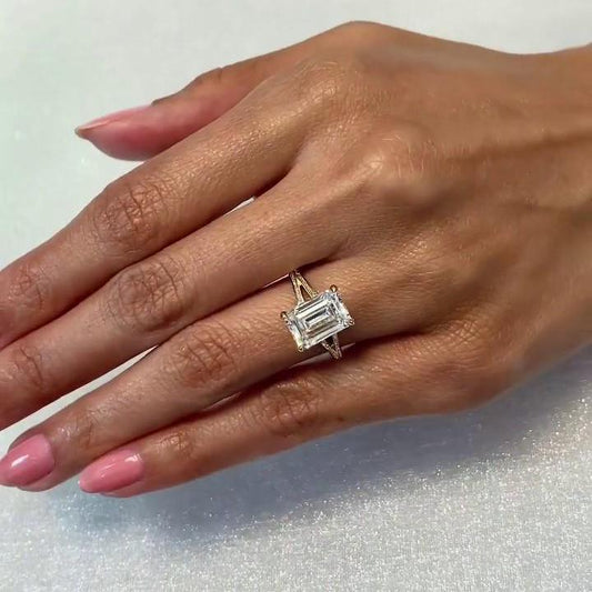 Emerald cut 4.30 CT lab grown diamond IGI certified engagement ring split shank modern design wedding ring bridal jewelry gift for her wife