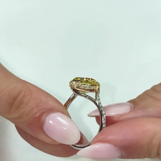 Heart fancy yellow 4.50 TCW lab grown diamond IGI engagement ring cathedral semi bezel hidden halo wedding ring bridal jewelry gift for her wife