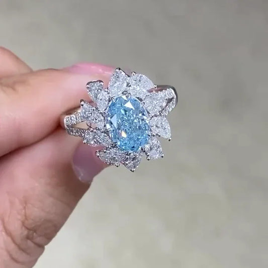 Fancy blue oval cut 5TCW lab created diamond halo ring, IGI certified engagement ring, luxury wedding jewelry for her