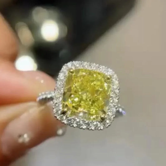 Fancy yellow cushion cut 5TCW lab created diamond halo ring, IGI certified engagement ring, wedding jewelry for her