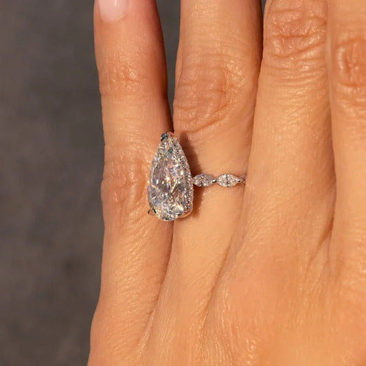 Pear cut 5TCW lab created diamond ring, hidden halo pavΓ© engagement band, IGI certified wedding jewelry for her