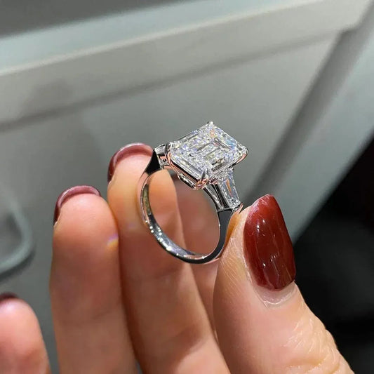 IGI certified 5.50TCW emerald cut lab created diamond ring, three stone cathedral engagement ring, luxury bridal jewelry gift for her