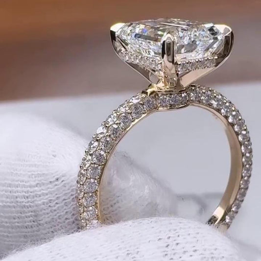 Emerald Cut Lab Grown Diamond Engagement Ring 6.00 TCW with 5 CT Center Stone PavΓ© Band Hidden Halo IGI Certified Elegant Bridal Jewelry Ring