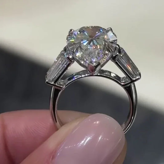 IGI certified 7.00 CT pear cut lab grown diamond ring three stone engagement ring baguette side stones wedding bridal luxury anniversary gift women