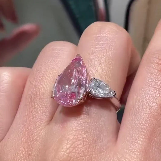 7.00 TCW pear shaped fancy pink lab grown diamond ring IGI certified statement three stone engagement design luxury bridal wedding ring gift women