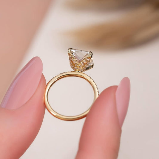 3.0ct Cushion Cut Lab grown Diamond Solitaire Ring With Pave Band & Hidden Halo