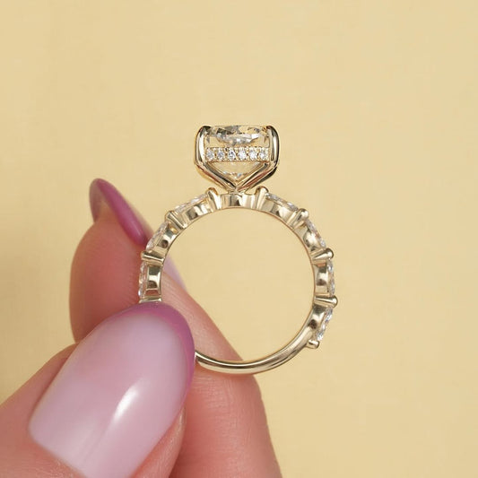 4.0ct Cushion Cut Lab grown Diamond Solitaire Ring With Pave Band And Hidden Halo Setting