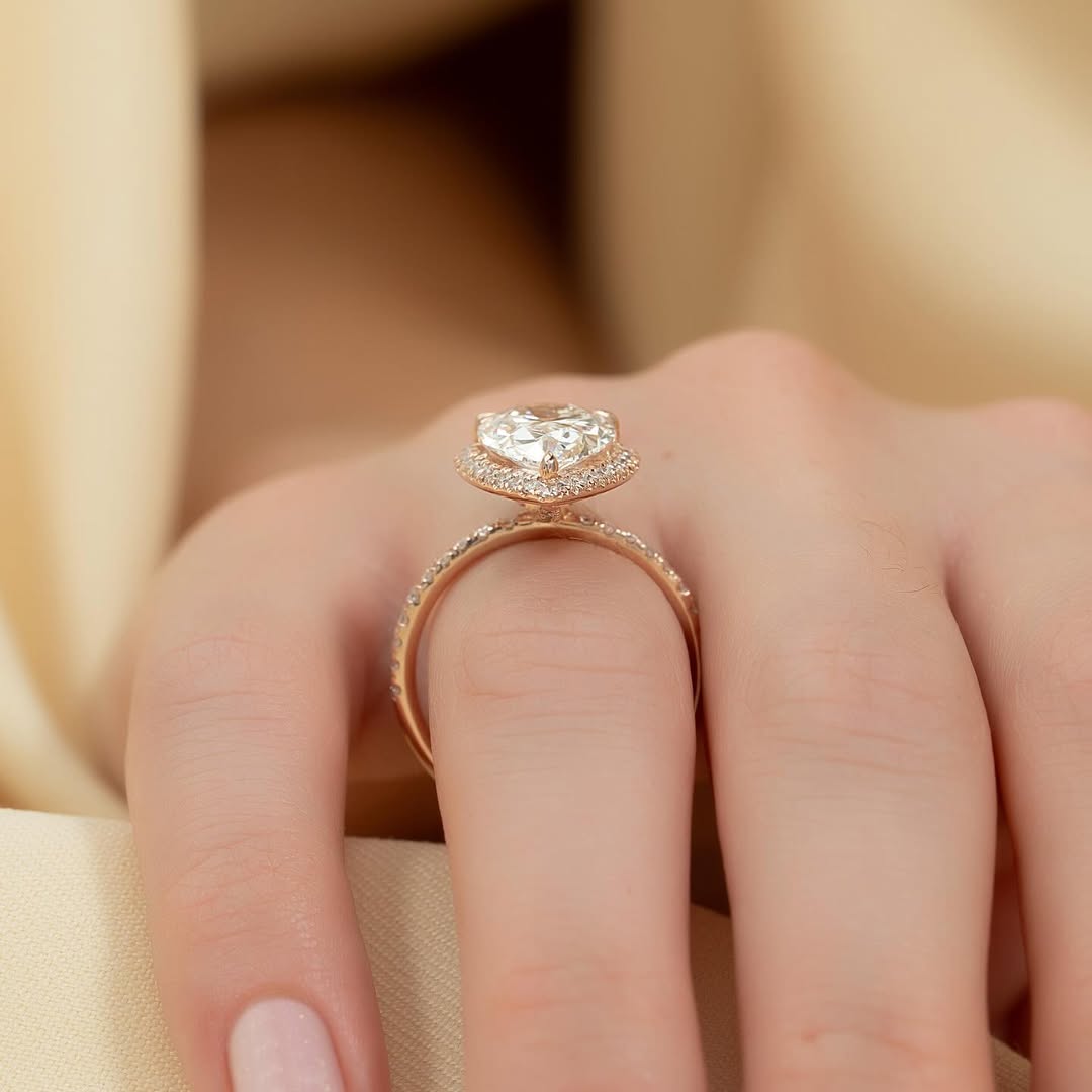 3.0ct Pear Cut Lab Grown Diamond Solitaire Ring With Pave Band & Hidden Halo Cluster Setting Ring