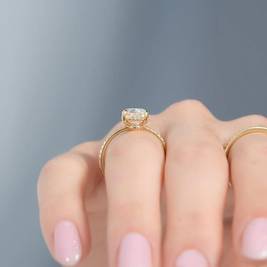 2.50ct Cushion Cut Lab Grown Diamond Solitaire Ring With Pave Band & Hidden Halo