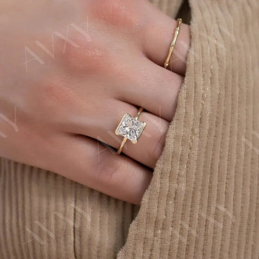 Princess 1.00CT Lab Grown Diamond Half Bezel Engagement Ring Forever classic Ring Custom Made Ring Diamond jewelry For Women