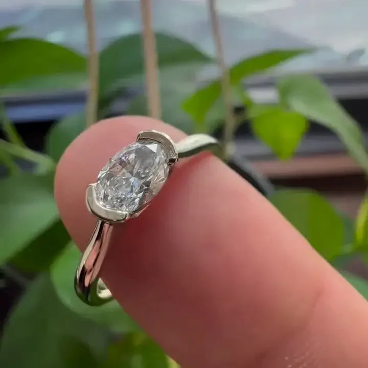 0.50TCW oval diamond engagement ring for women, lab grown certified diamond, half bezel setting ring, contemporary wedding jewelry