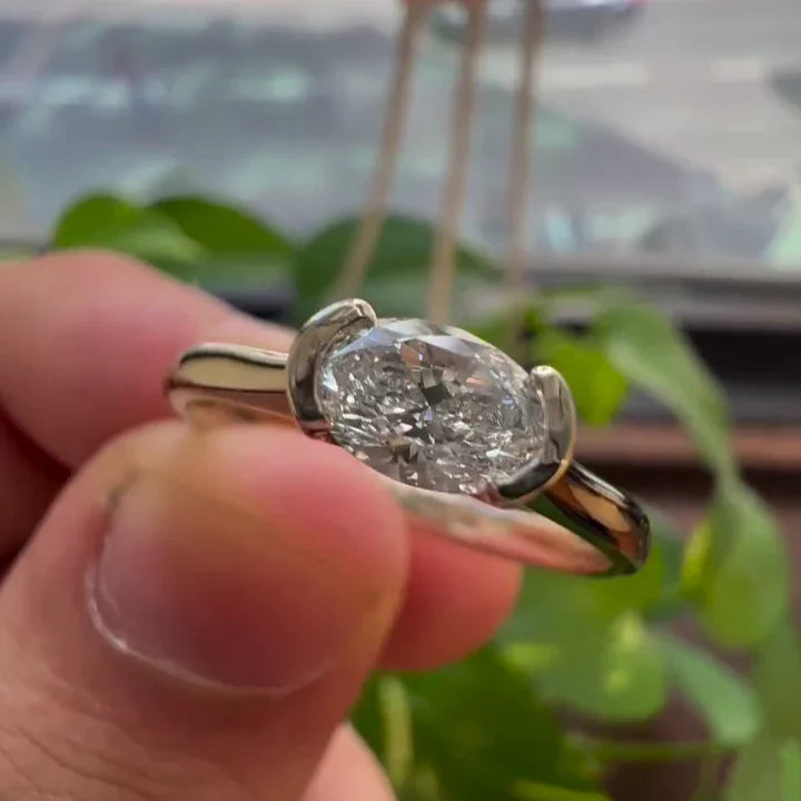 Modern oval lab created diamond engagement ring with half bezel setting, 0.50TCW IGI certified bridal jewelry, luxury promise ring