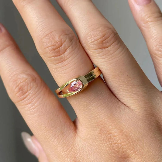 0.70 CT fancy pink pear lab grown diamond engagement ring, double band ring, IGI certified jewelry, luxury bridal wedding band