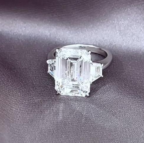 Emerald cut lab grown diamond ring, 10 TCW three stone engagement ring, IGI certified bridal ring, anniversary jewelry, luxury solitaire