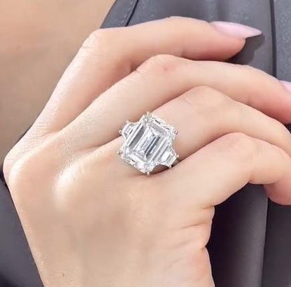 Luxury emerald lab grown diamond ring, 10 TCW engagement ring, classic three stone setting, IGI certified, fine jewelry for brides