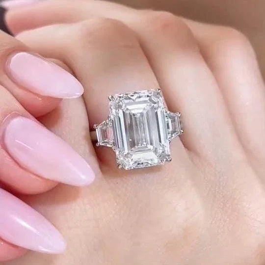 10.00 TCW Emerald Lab Grown Diamond Engagement Ring | Classic Three Stone Ring | IGI Certified 