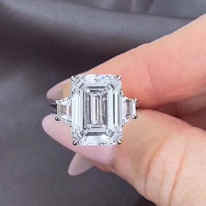 10.00 TCW emerald lab grown diamond engagement ring, three stone setting, IGI certified, bridal jewelry, luxury wedding ring for women