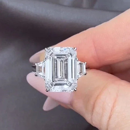 10.00 TCW emerald lab grown diamond engagement ring, three stone setting, IGI certified, bridal jewelry, luxury wedding ring for women