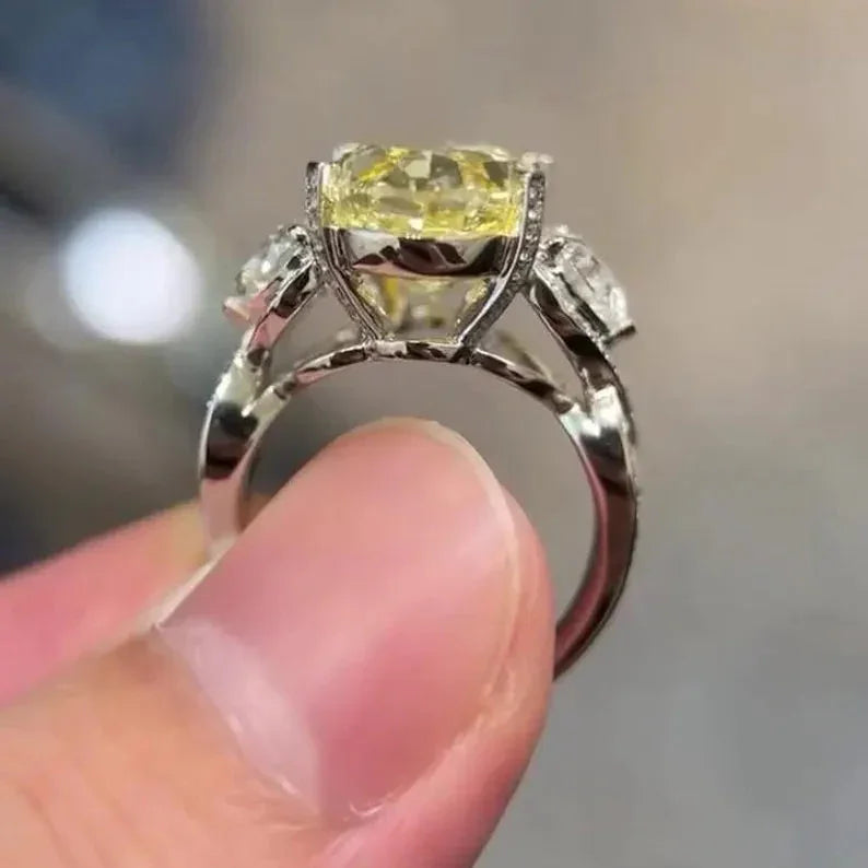 Fancy yellow oval lab grown diamond ring, 10.50 TCW three stone pavé engagement ring, IGI certified wedding jewelry for women