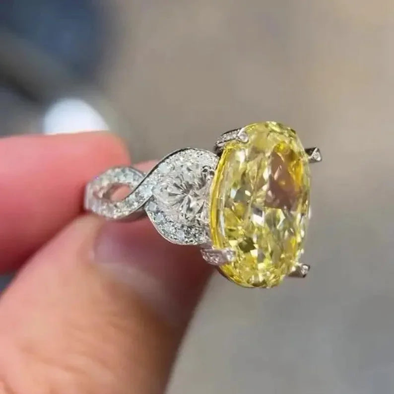 10.50 TCW Fancy Yellow Oval Lab Grown Diamond Engagement Ring | Pavé Three Stone Ring | IGI Certified 