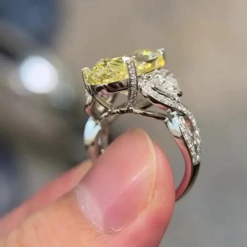 10.50 TCW Fancy Yellow Oval Lab Grown Diamond Engagement Ring | Pavé Three Stone Ring | IGI Certified 