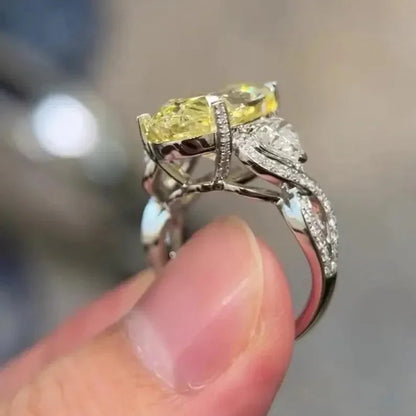 10.50 TCW Fancy Yellow Oval Lab Grown Diamond Engagement Ring | Pavé Three Stone Ring | IGI Certified 