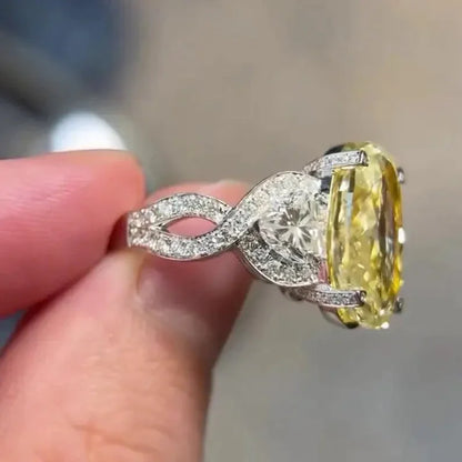 10.50 TCW Fancy Yellow Oval Lab Grown Diamond Engagement Ring | Pavé Three Stone Ring | IGI Certified 