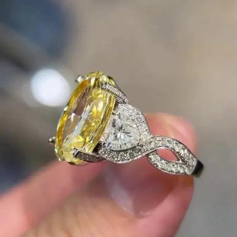 10.50 TCW Fancy Yellow Oval Lab Grown Diamond Engagement Ring | Pavé Three Stone Ring | IGI Certified 