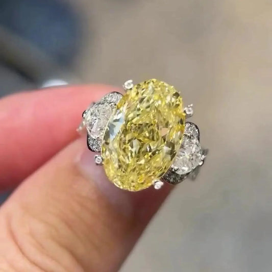 10.50 TCW fancy yellow oval lab grown diamond engagement ring, pavé three stone setting, IGI certified, luxury bridal jewelry ring