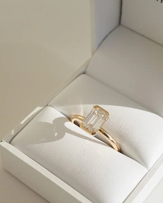10ct emerald cut lab grown diamond ring, half bezel solitaire engagement ring, luxury wedding jewelry, anniversary gift for women